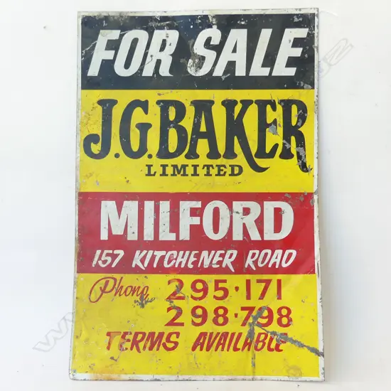 VINTAGE METAL SIGN 'FOR SALE / J. G. BAKER LTD / MILFORD' 610x405mm