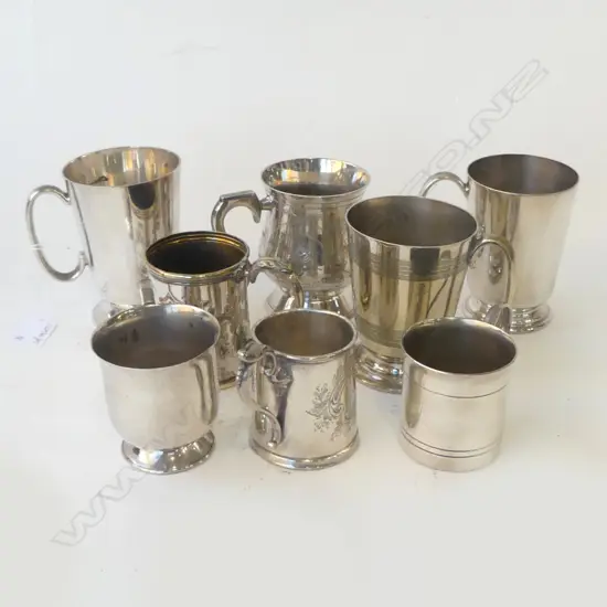 EIGHT SILVER PLATE CHRISTENING MUGS AND TANKARDS JAMES DIXON & SONS ETC, H.65MM-110MM