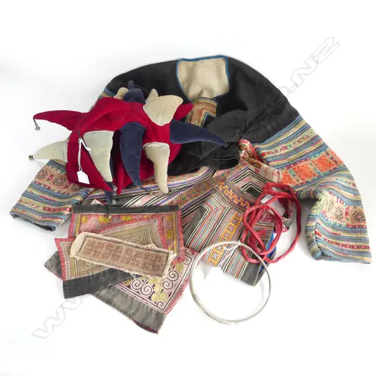 VIETNAMESE HILL TRIBE EMBROIDERED APRON & JACKET + 4 PANELS + ETHNIC SILVER METAL NECKLACE + JESTERS HAT