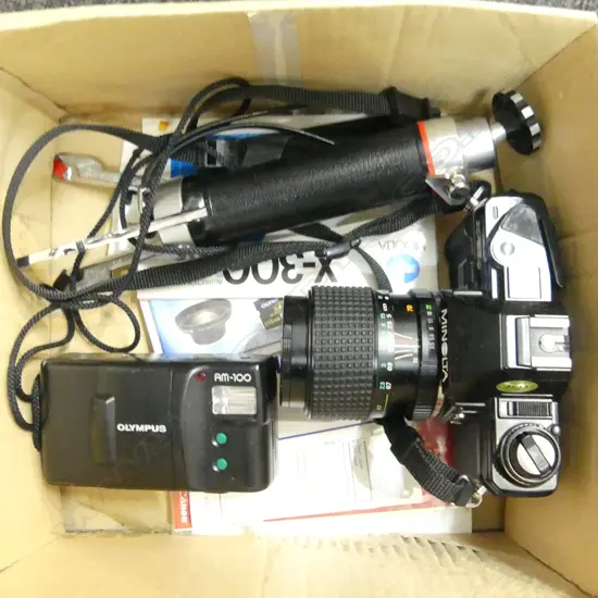 2 CAMERAS; MINOLTA X-300, OLYMPUS AM-100 ETC