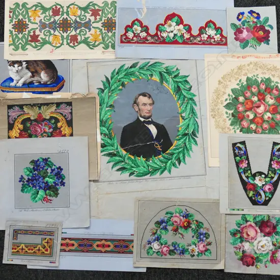 ORIGINAL HANDPAINTED WOOLWORK TAPESTRY PATTERNS, BERLIN 1860S. LARGE FORMAT ONE BY LOUIS GLUER KONIGL OF ABRAHAM LINCOLN