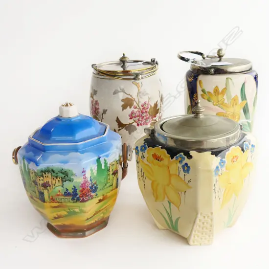 4 EDWARDIAN BISCUIT BARRELS  H180MM TALLEST