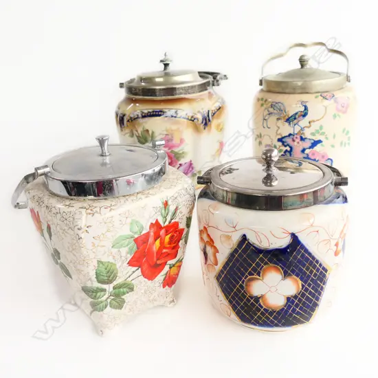 4 EDWARDIAN BISCUIT BARRELS  H180MM TALLEST