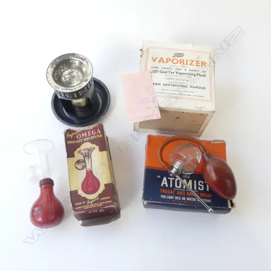 VINTAGE VAPORIZER, OMEGA BREAST RELIEVER, ‘THE ATOMIST THROAT & NASAL SPRAY’ IN BOXES