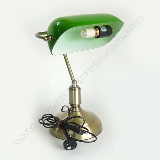BANKERS LAMP GREEN SHADE & BRASS LOOK BRUSHED METAL BASE H.380mm