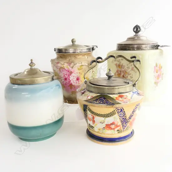 4 EDWARDIAN BISCUIT BARRELS  H180MM TALLEST