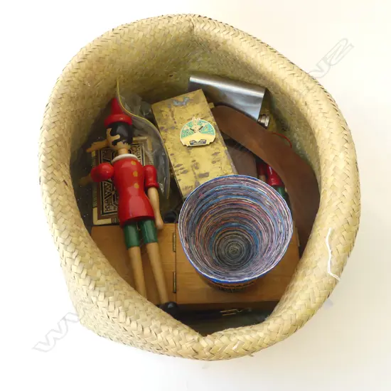OLD FLAX BASKET OF ASSORTED ITEMS