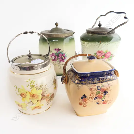 4 EDWARDIAN BISCUIT BARRELS H180MM TALLEST