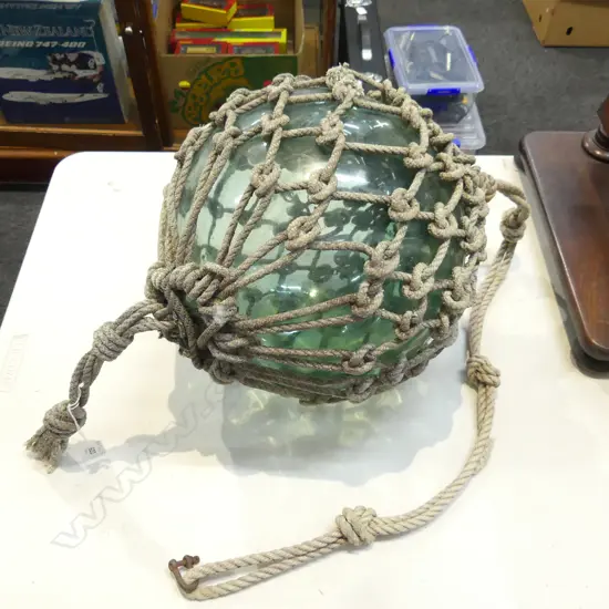 OLD GLASS FISHING FLOAT w. NETTING 300mm dia hand blown