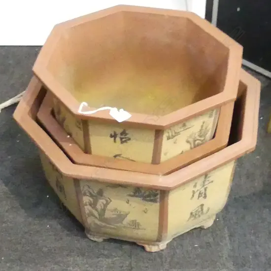 3 ORIENTAL OCTAGONAL TERRACOTTA PLANT POTS; PR + 465mm dia