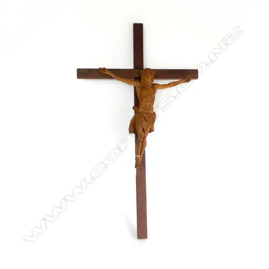 WALL CRUCIFIX w. CARVED WOODEN CHRIST H.800mm old borer