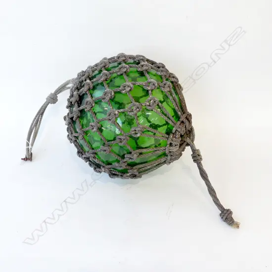 OLD GLASS FISHING FLOAT w. NETTING 300mm dia hand blown