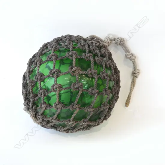 OLD GLASS FISHING FLOAT w. NETTING 300mm dia hand blown