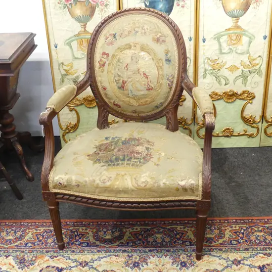ANTIQUE FRENCH CHAIR (TAPESTRY WORN IN PLACES)