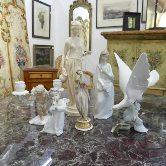 6 PCES; LLADRO DOVE (REPAIRED), CLASSICAL RESIN FIGURE H.405mm, ETC