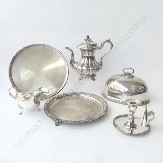 6 PCES SILVER PLATE; TEAPOT, CHAMBERSTICK, SAUCEBOAT, FOOD DOME, 2 TRAYS 300mm dia