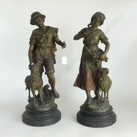 PR OF SPELTER FIGURES ON WOOD BASES  COUNTRY GIRL WITH LAMB & BOY WITH SHEEP DOG H500MM