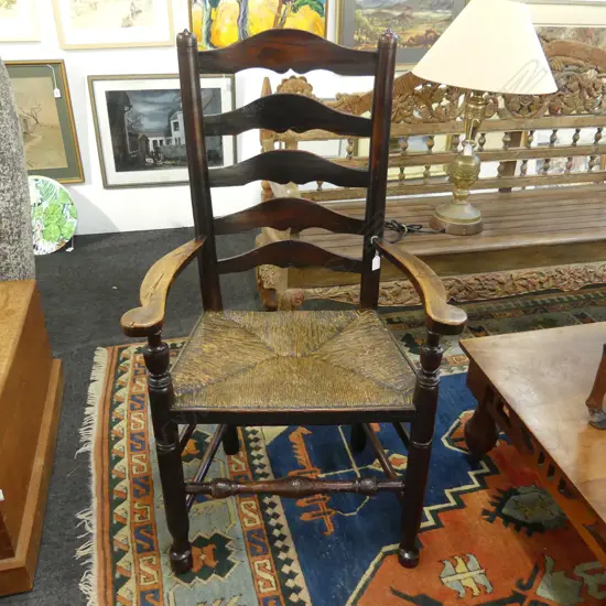 ANTIQUE LADDER BACK CHAIR, RUSH SEAT