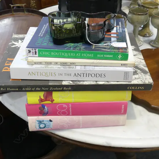 7 ASST. BOOKS + 2 IITTALA GLASS VASES