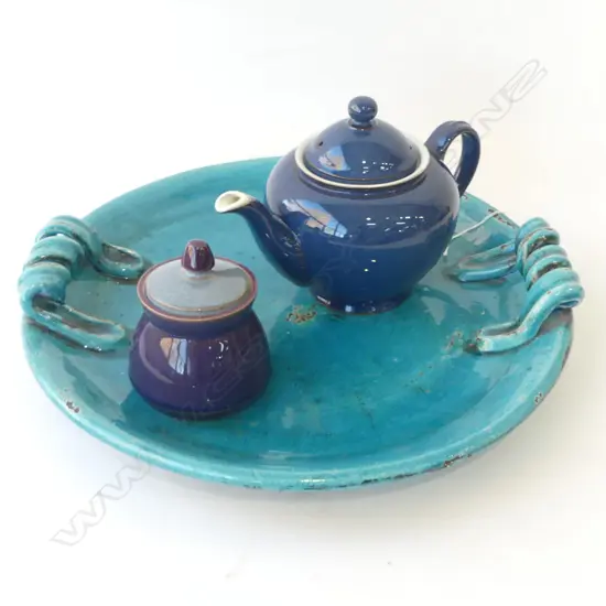 POTTERY PLATTER AND DENBY TEAPOT/SUGAR