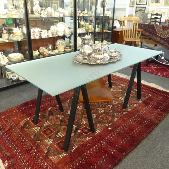 MODERN GLASS TOP DESK / TABLE ON 2 BLACK METAL BASES 800x1800x725mm