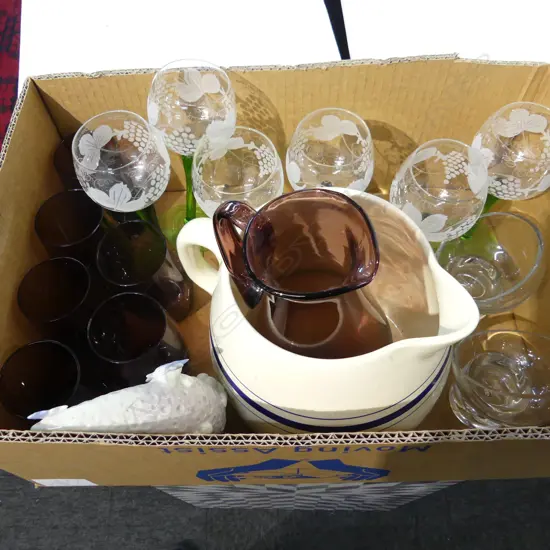 6 ETCHED WINE GLASSES, DRINKS SET, LG JUG