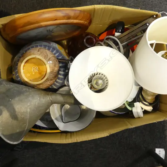 ASST. ENAMELWARE, LAMPS, WALL CLOCK, STUDIO POTTERY VASES ETC