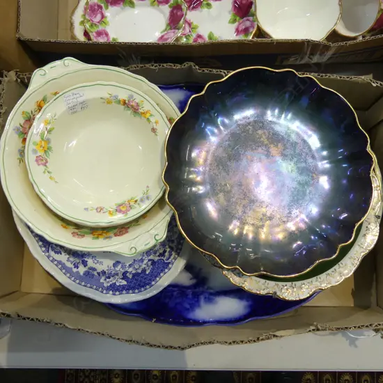 BOX LOT FLOW BLUE ASHET  & COLLECTION  MIXED PLATES