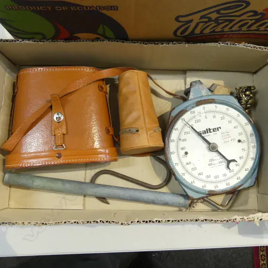 SMALL BOX LOT CASED BINOCULARS  SALTER SHOP SCALES  L230MM  DAIRY THERMOMETER  TRAVEL GLASSES ETC