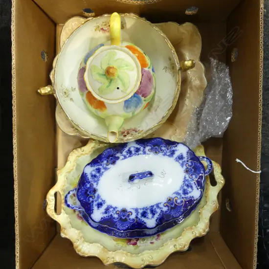 BOX LOT 3 EDWARDIAN DISHES FLOW BLUE LIDDED TURREEN  & FLORAL TEAPOT 