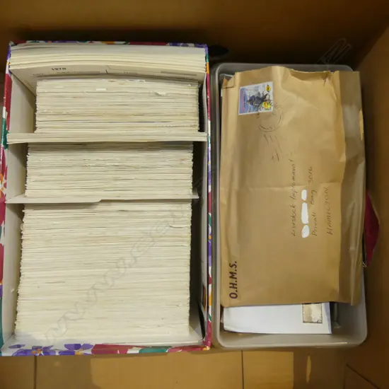 STAMP COLLECTION BOX OF FIRST DAY COVERS & CONTAINER OF LOSE STAMPS