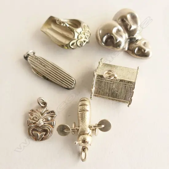 5 SILVER CHARMS + SILVER 3 MASK PENDANT: Whare + Maori bailer + mask + buzzy bee + pocket knife