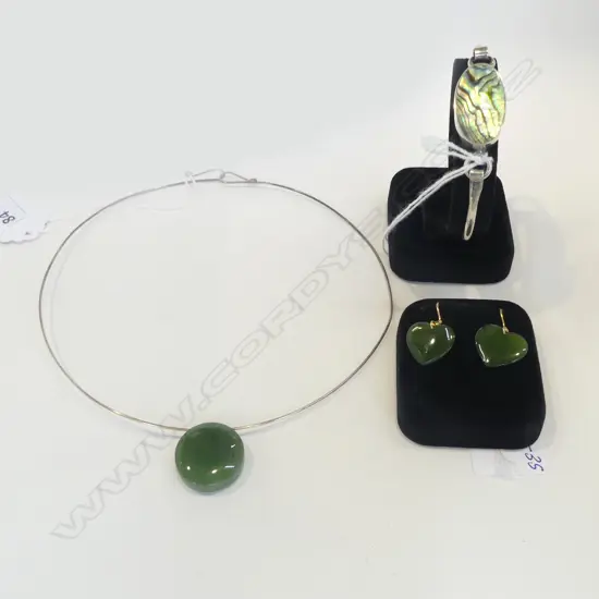 3 PC SILVER/JADE CHOKER, PR JADE & GOLD? EARRINGS & SILVER/PAUA SHELL BRACELET new old stock