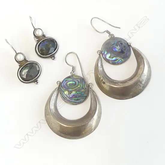 SILVER & LABRODITE EARRINGS + PR SILVER PAUA LGE HOOP EARRINGS