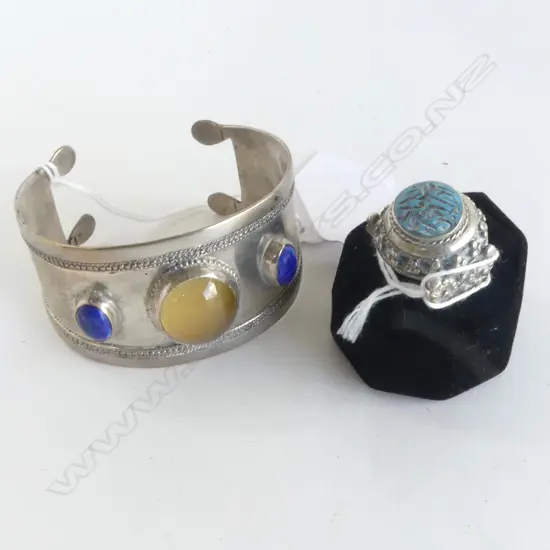 AFGHAN TURQUOISE RING & SILVER/AMBER/LAPIS CUFF