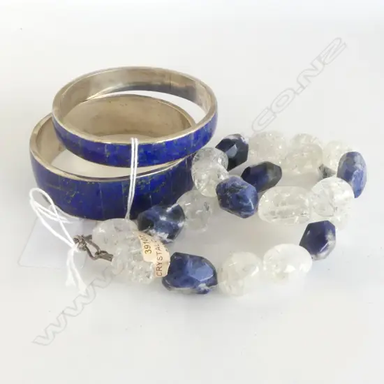 LAPIS LAZULI & CRYSTAL NECKLACE & TWO SILVER/LAPIS BANGLES