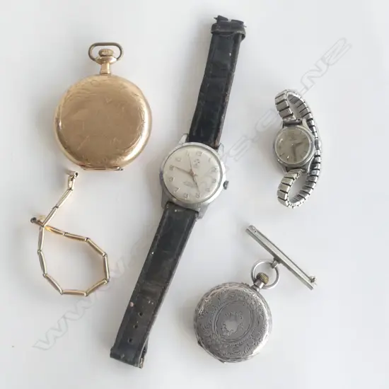 SILVER MID SIZE FOB WATCH + G/PLATE FOB WATCH + 2 WRIST WATCHES