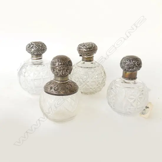 4 ANTIQUE CRYSTAL & STG PERFUME BOTTLES H.115mm