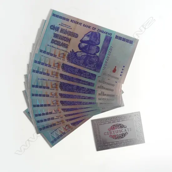 10 BANK OF ZIMBABWE 100 TRILLION DOLLAR NOTES