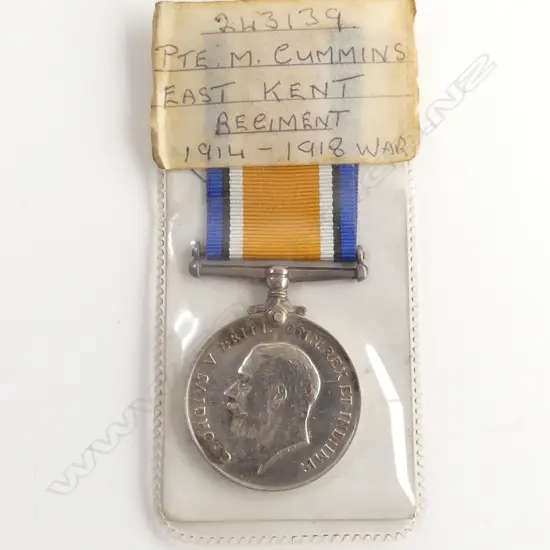 WW1 SERVICE MEDAL PVT M CUMMINS EAST KENT REDG