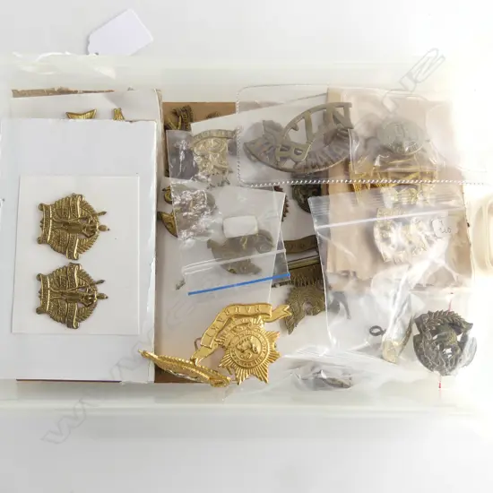 SMALL TRAY OF 40 MILITARY HAT BADGES SHOULDER BADGES ETC