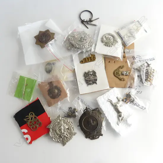 TRAY OF 20 MILITARY HAT & SHOULDER BADGES WITH IDENTITY BRACLET& 2 RMS QUEEN ELIZABETH BRASS PLAQUES L130MM