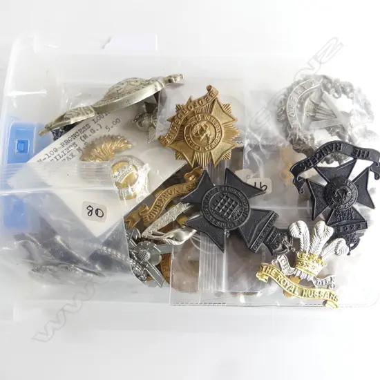 SMALL TRAY OF 40 MILITARY HAT BADGES SHOULDER BADGES ETC