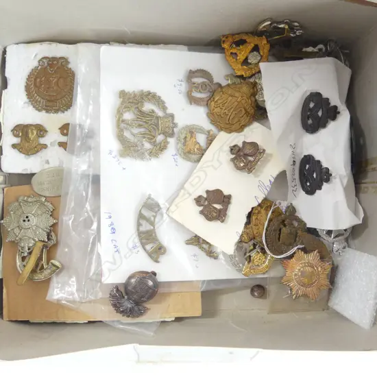SMALL TRAY OF 40 MILITARY HAT BADGES SHOULDER BADGES ETC
