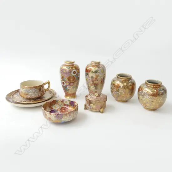 9 PCES FLORAL SATSUMA;TRIO, 4 VASES, BOWL, LIDDED CONTAINER
