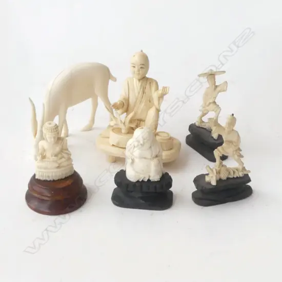 FIVE IVORY & ONE BONE FIGURES – 3 BUDHA, 2 FISHERMAN, & ANTELOPE (some a/f)