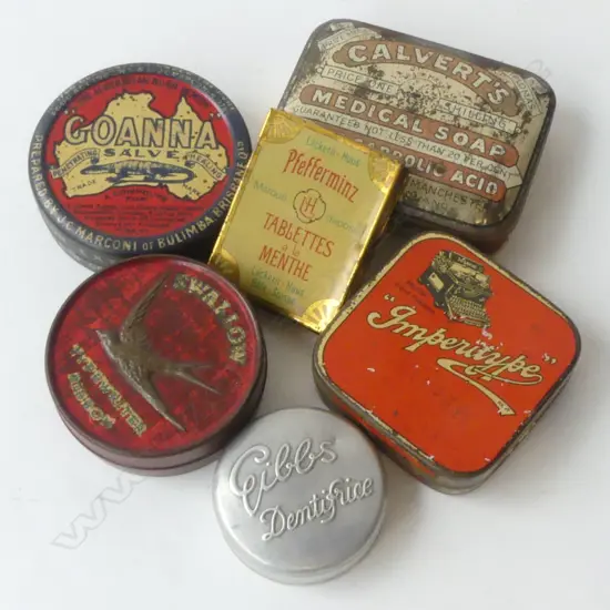 SIX OLD ADVERTISING TINS – SWALLOW TYPEWRITER, MILITARY ETC