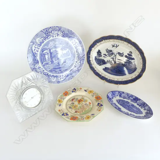 ENFIELD CRYSTAL CLOCK H.180mm + 4 PLATES INCL. MASONS, REAL OLD WILLOW & SPODE ITALIAN CAKE PLATE 285mm dia