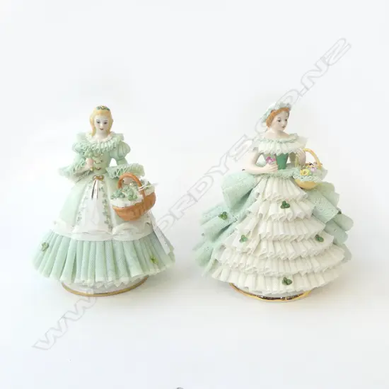 2 IRISH DRESDEN FIGURINES; SHAMROCKS FOR SALE & GOING TO THE FAIR H.180mm MINOR LOSSES