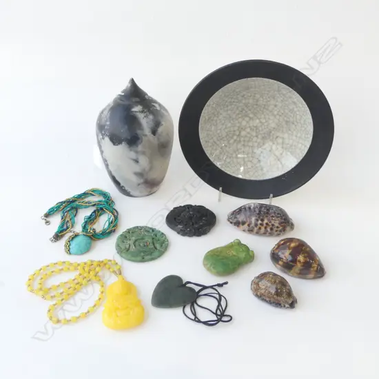 2 PCES STUDIO POTTERY; BOWL 210mm dia & FORM, ASST. COSTUME JEWELLERY, CARVED ORIENTAL TOKENS & SHELLS